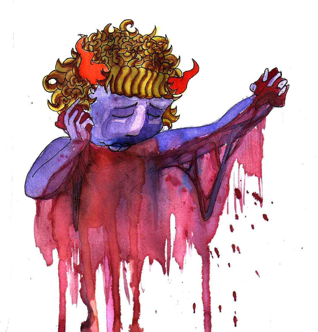 It's hard to describe this piece. The upper torso of a purple skinned sorrowful being, with orange horns adorned with curves and oscillations. They are obscured in their blonde, curly hair, like a two spires in a field of wheat. Their entire second half has exploded, a red and fuschia smear across the canvas. Dripping and pouring to the bottom edge. They're putting an organ out and stretching it out to their wingspan. They are pulling another organ, and pressing it against their ear. They have an expression of deep sorrow and resignation.