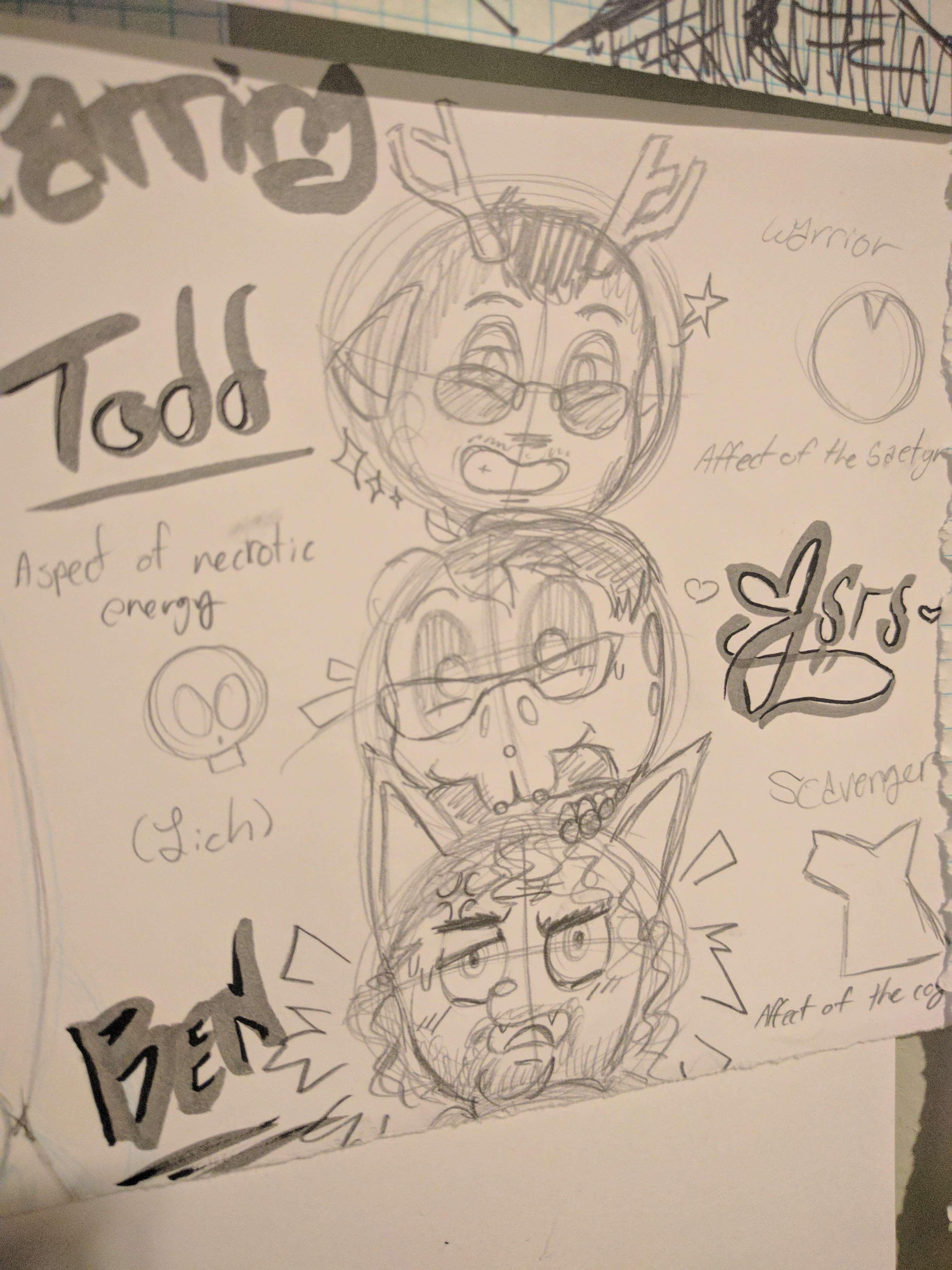 Pencil drawing. Three heads stacked on top of one another. From top to bottom we have a satyr with tinted glasses, a mohawk, a mustache, and a smile. The same teal skull with a look of surprise, they're wearing long, low glasses. A furry fellow with a beard and a bewildered expression. Text begin. Starring: Todd, Warrior, Aspect of the saetyr. Jsrs (styled with a heart in the J), Aspect of necrotic energy (Lich). Ben, scavenger, affect of the coy. Text end.