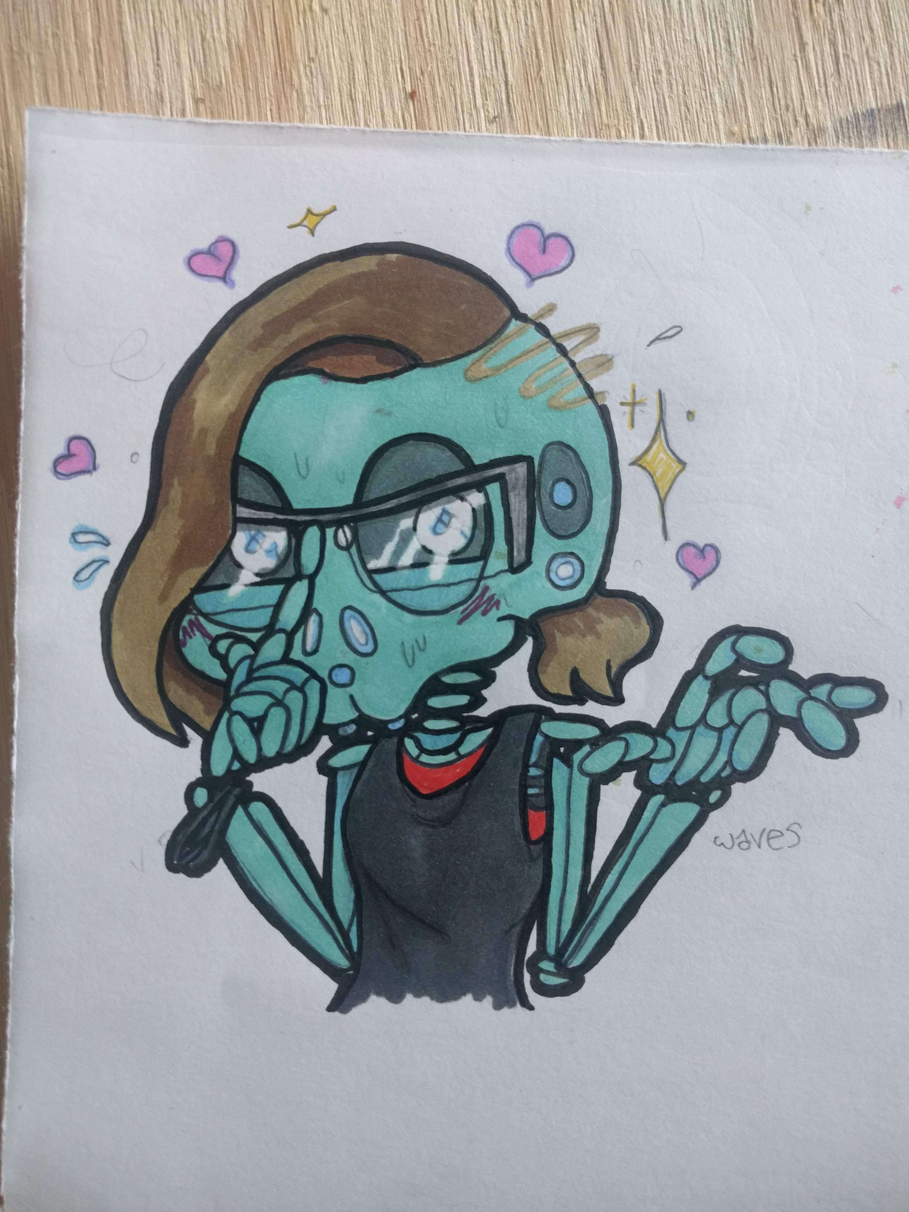 Traditional drawing of a cartoon teal skeleton with glasses and brown hair, styled as a shaved side part. They are wearing a black tank top and a red undershirt. They have diamonds for irises, with hearts and stars surrounding them. Their right hand adjusts their glasses, and the left hand is waving in a flourish.