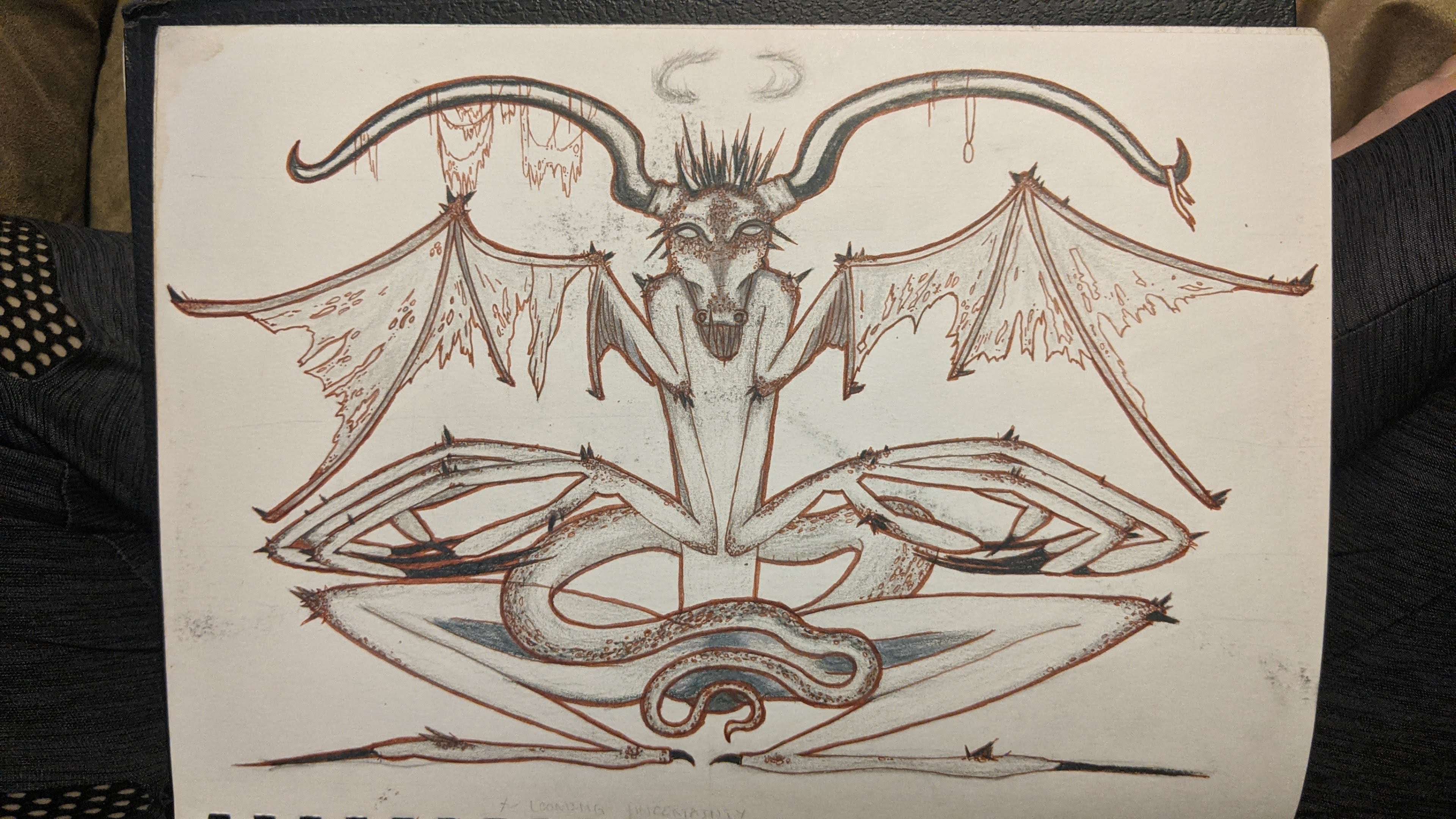 A demon with sickles for horns and cages for fingers. Their wings are tattered and their hair on end. The head resembles a goat in form, but resembles a furnace in spirit. Their scaly tail coils around their waist and spirals downard. They are squatting, with their long, sharp toenails pointing outward. Bits of cloth hang on their right horn.