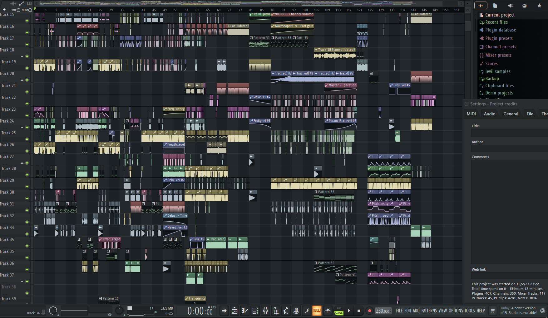 A screenshot of a very large, intricate FL Studio project, spanning 39 tracks.